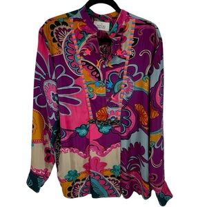 Monoki By Diane Goldstein 100% Silk Embroidered Vibrant Artsy Psychefun Tunic